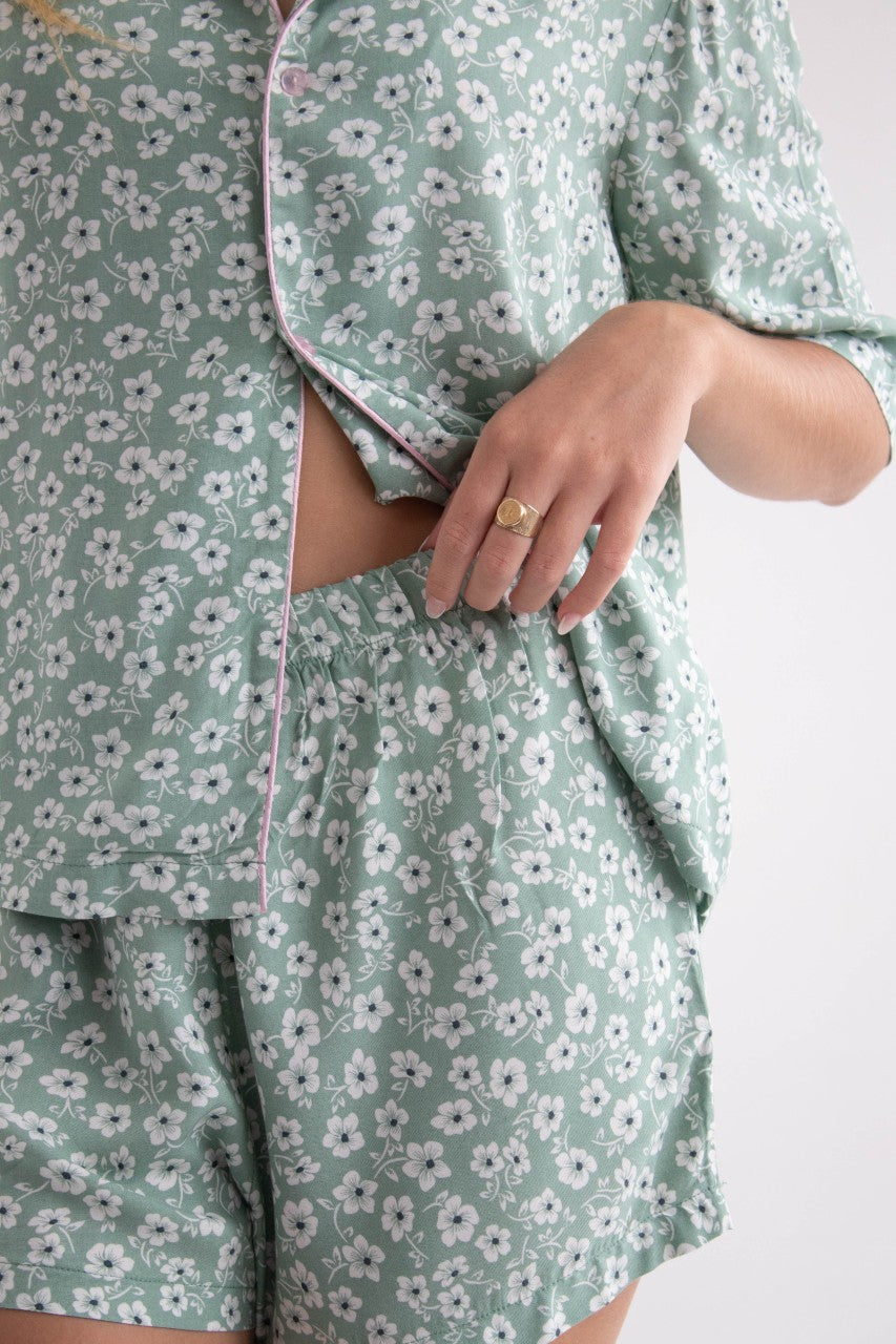 Daisy Print Green Shirt and Shorts set